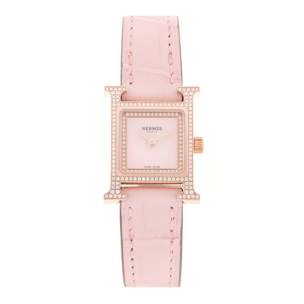 18K Rose Gold Alligator Diamond Bezel Rose Opal 17.2mm Heure H Hour Quartz Watch Rose Pale