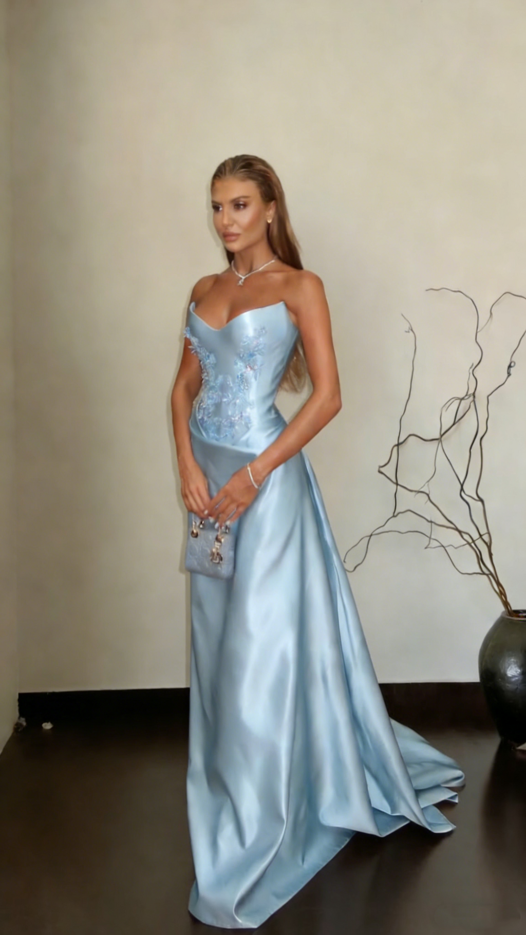 Gorgeous Strapless Blue Satin Appliques Mermaid Long Party Dress Prom Gowns SP1562