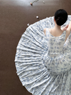 White spaghetti‑strap light blue floral print waist‑cinched slim‑fit long ball gown with a full skirt R8013