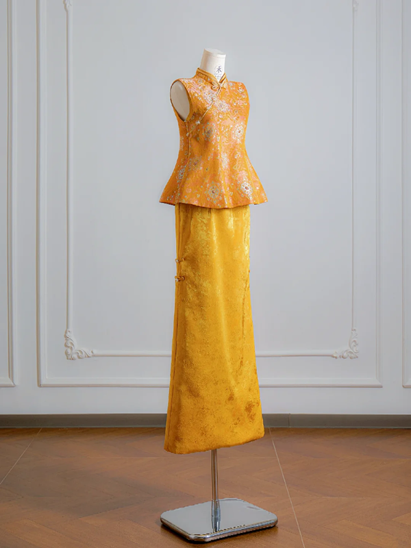 Gold Chinese-style neckline fitted top and skirt set, ball gown, bridal dress R8134