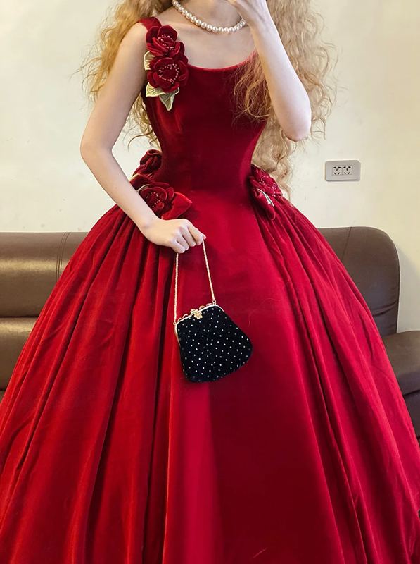 Red Spaghetti Strap Vintage Waist-Cinched Puff-Skirt Ball Gown & Bridal Gown R7389