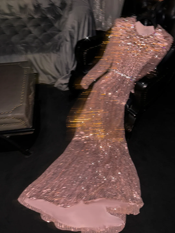 Rose gold sequined round neck fitted waist long ball gown, bridal dress R8784