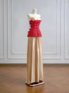 Red strapless fitted top with a gold midi skirt, long ball gown R8184