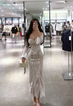 Light brown off-the-shoulder low-cut sexy fitted waist bodycon long ball gown R7894