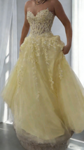 Beautiful Sweetheart Neck Yellow Tulle Appliques Birthday Party Dress Long Prom Dresses SP1834