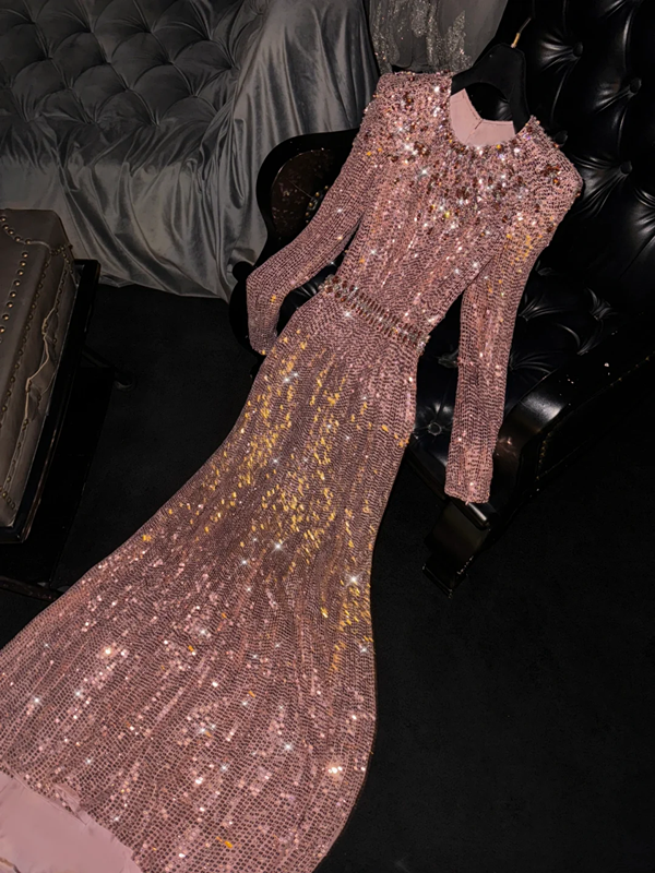 Rose gold sequined round neck fitted waist long ball gown, bridal dress R8784