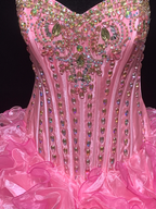 Pink strapless, fitted waist, full skirt, long ball gown R8695
