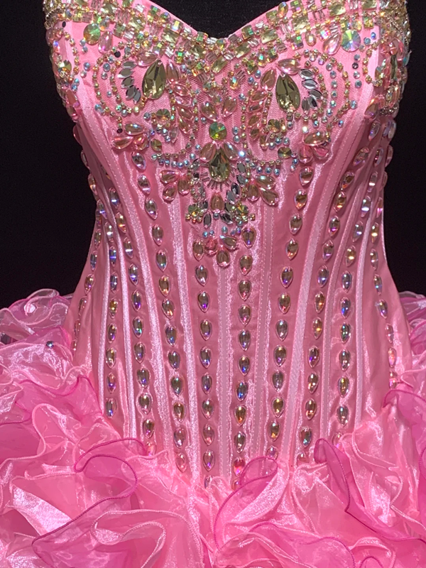 Pink strapless, fitted waist, full skirt, long ball gown R8695