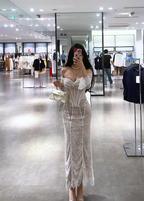 Light brown off-the-shoulder low-cut sexy fitted waist bodycon long ball gown R7894