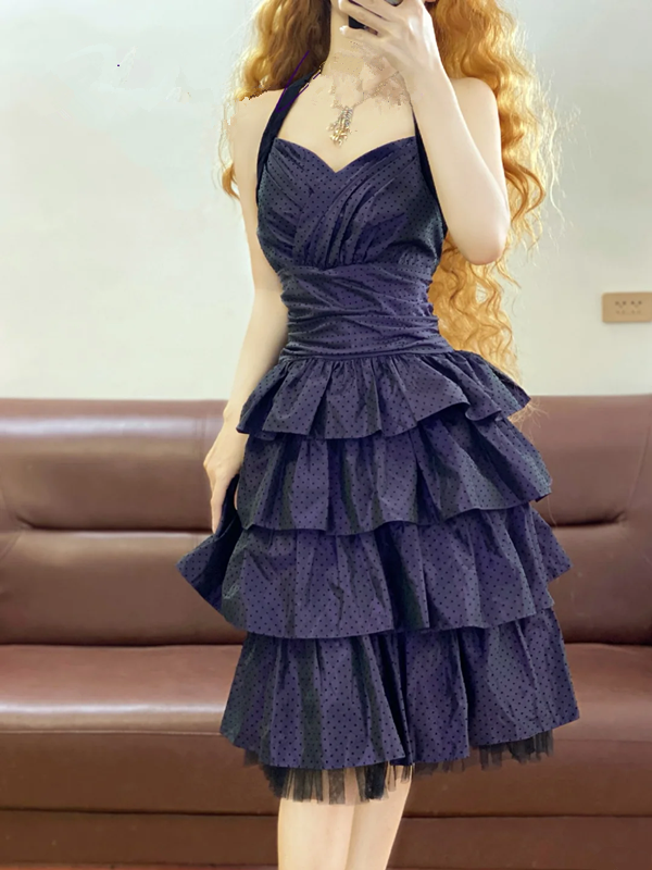 Navy Blue Halter Neck Waist-Cinched Tiered Skirt Ball Gown, Bridal Gown R7353