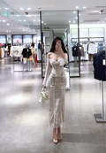Light brown off-the-shoulder low-cut sexy fitted waist bodycon long ball gown R7894