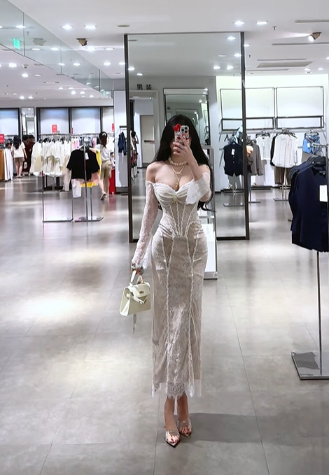 Light brown off-the-shoulder low-cut sexy fitted waist bodycon long ball gown R7894