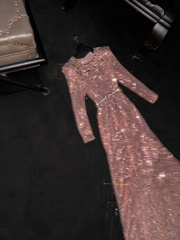 Rose gold sequined round neck fitted waist long ball gown, bridal dress R8784