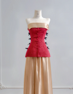 Red strapless fitted top with a gold midi skirt, long ball gown R8184