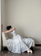 White spaghetti‑strap light blue floral print waist‑cinched slim‑fit long ball gown with a full skirt R8013
