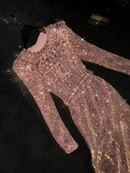 Rose gold sequined round neck fitted waist long ball gown, bridal dress R8784