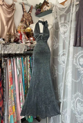 Grey halter neck, fitted waist, bodycon sexy long ball gown R7854
