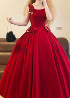 Red Spaghetti Strap Vintage Waist-Cinched Puff-Skirt Ball Gown & Bridal Gown R7389