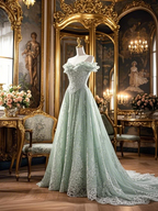 Light green off-the-shoulder waist-cinching slim-fit long elegant prom dress R7934