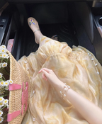 Tea break French gentle style platycodon yellow sling dress temperament slim long skirt R1642