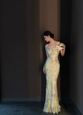 Light green spaghetti‑strap printed waist‑cinched slim‑fit sexy bodycon long prom gown R8014