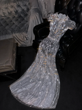 Silver sequined round neck fitted waist long ball gown, bridal dress R8785