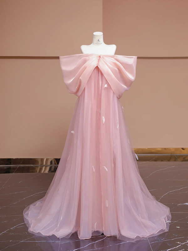 Light pink off-the-shoulder bow neckline straight long ball gown, bridal dress R8327