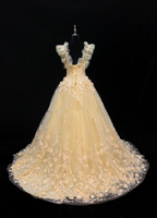 Light yellow square neckline fitted waist puff skirt long ball gown R8696