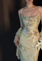 Light green spaghetti‑strap printed waist‑cinched slim‑fit sexy bodycon long prom gown R8014