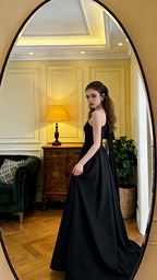 Black one-shoulder, fitted waist, A-line long ball gown R8601