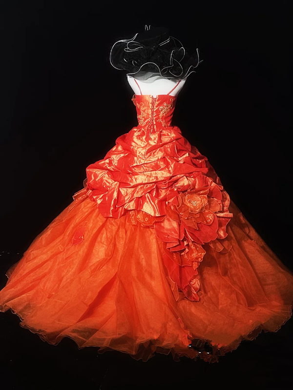 Orange halter-neck, fitted waist, full skirt, long ball gown R8692