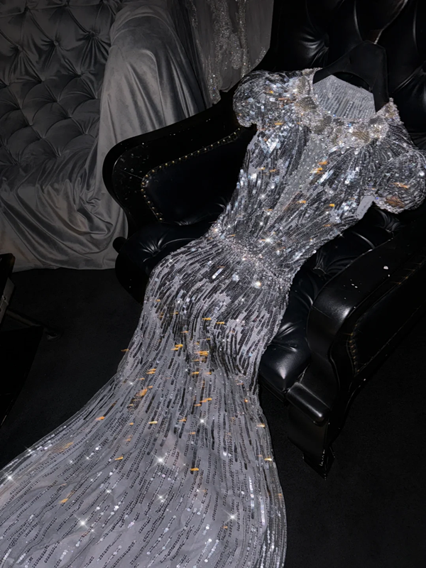 Silver sequined round neck fitted waist long ball gown, bridal dress R8785