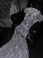 Silver sequined round neck fitted waist long ball gown, bridal dress R8785
