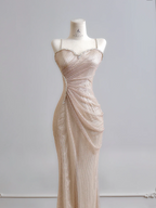 Light champagne-colored halter-neck fitted waist bodycon long ball gown R8185
