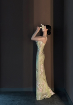 Light green spaghetti‑strap printed waist‑cinched slim‑fit sexy bodycon long prom gown R8014