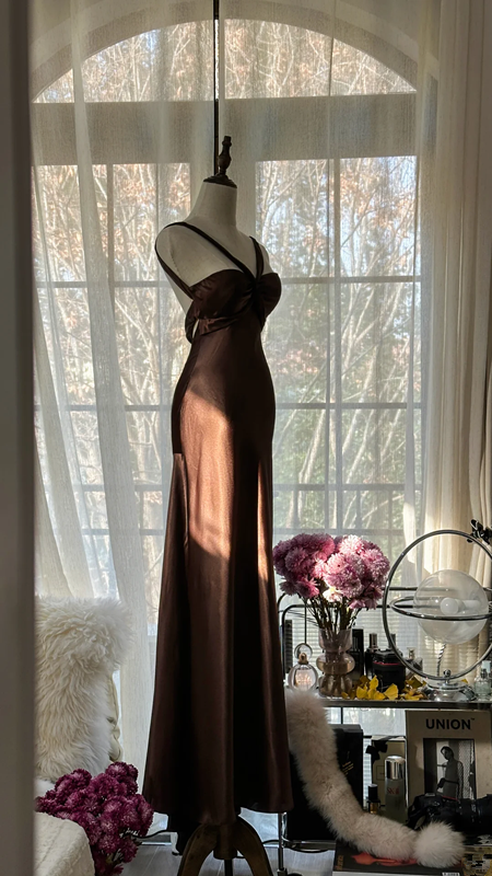 Dark brown halter-neck, fitted, backless, sexy, long ball gown R7704