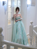 Light green strapless fitted waist sexy long ball gown R7068