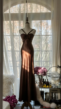 Dark brown halter-neck, fitted, backless, sexy, long ball gown R7704