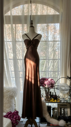 Dark brown halter-neck, fitted, backless, sexy, long ball gown R7704