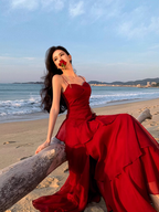 Fairy waist slimming big swing red dress holiday beach long dress tube top ruffled suspender skirt R1719