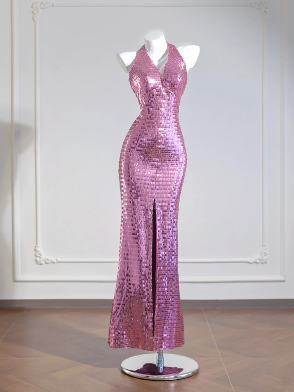 Light pink halter neck, fitted waist, sexy backless sequined long ball gown R8270