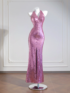 Light pink halter neck, fitted waist, sexy backless sequined long ball gown R8270