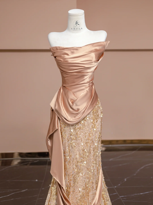 Rose gold strapless, fitted, bodycon, sexy long ball gown/bridal dress R8328