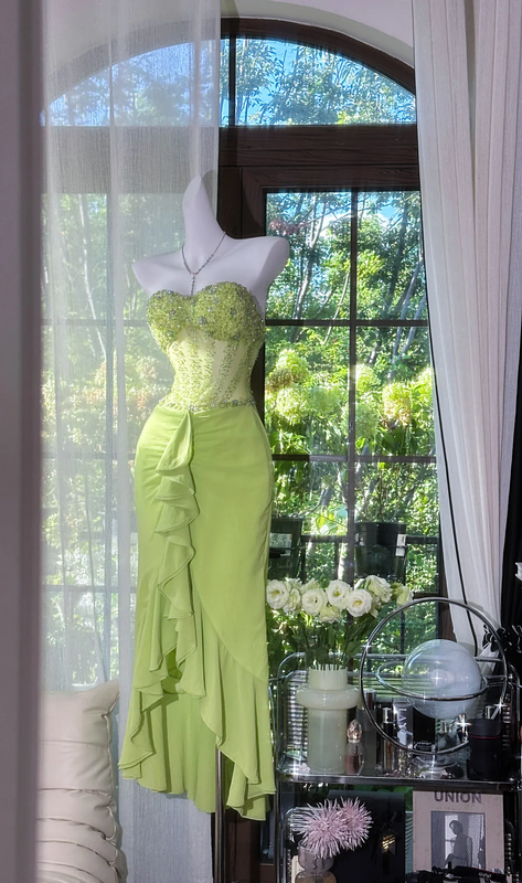 Light green strapless, fitted waist, rhinestone-embellished, sexy long ball gown R7745