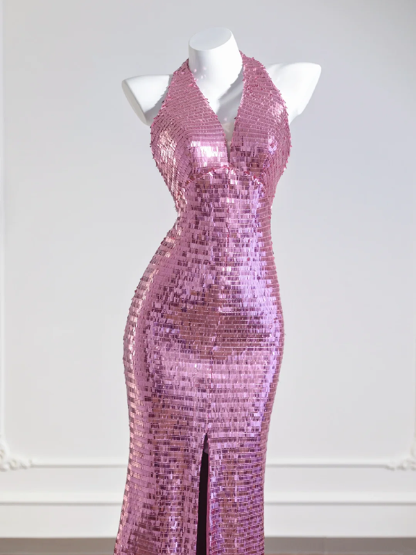 Light pink halter neck, fitted waist, sexy backless sequined long ball gown R8270