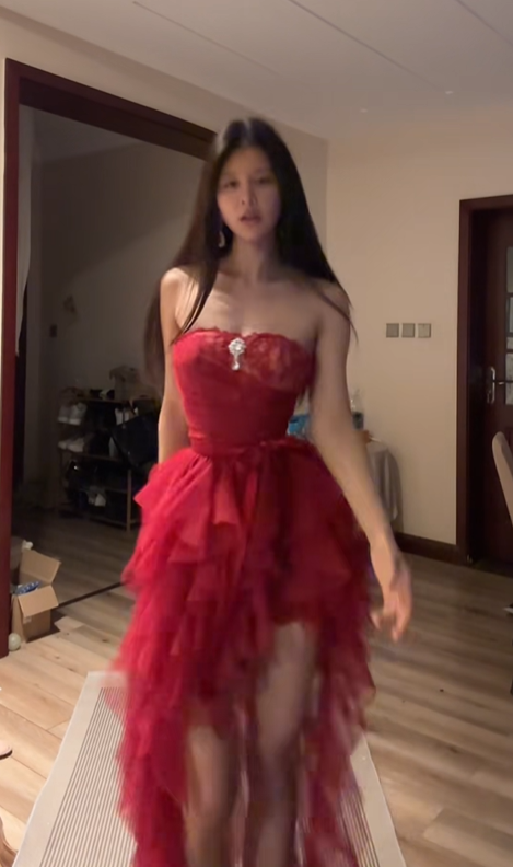 Red strapless, fitted waist, cake-style, irregular hem ball gown R7549