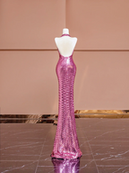 Light purple halter-neck sequined fitted waist bodycon sexy long ball gown, bridal dress R8390