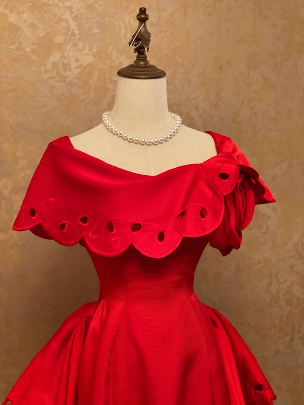 Red Vintage Waist-Cinched Floor-Length Ball Gown, Bridal Gown R7355