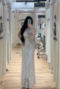 White halter-neck lace fitted waist elongated ball gown R7896