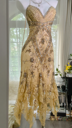 Light yellow halter-neck fitted slim-fitting irregular hem sexy ball gown R7664